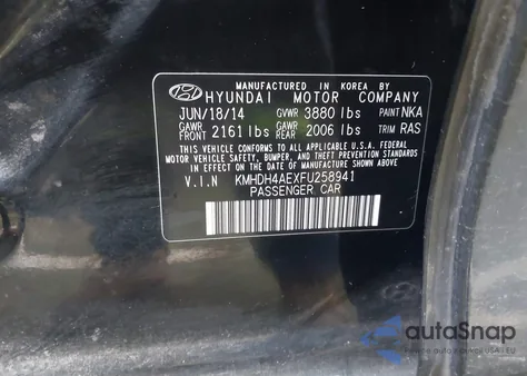 2015 Hyundai Elantra Se z USA, uszkodzony, nr VIN KMHDH4AEXFU258941